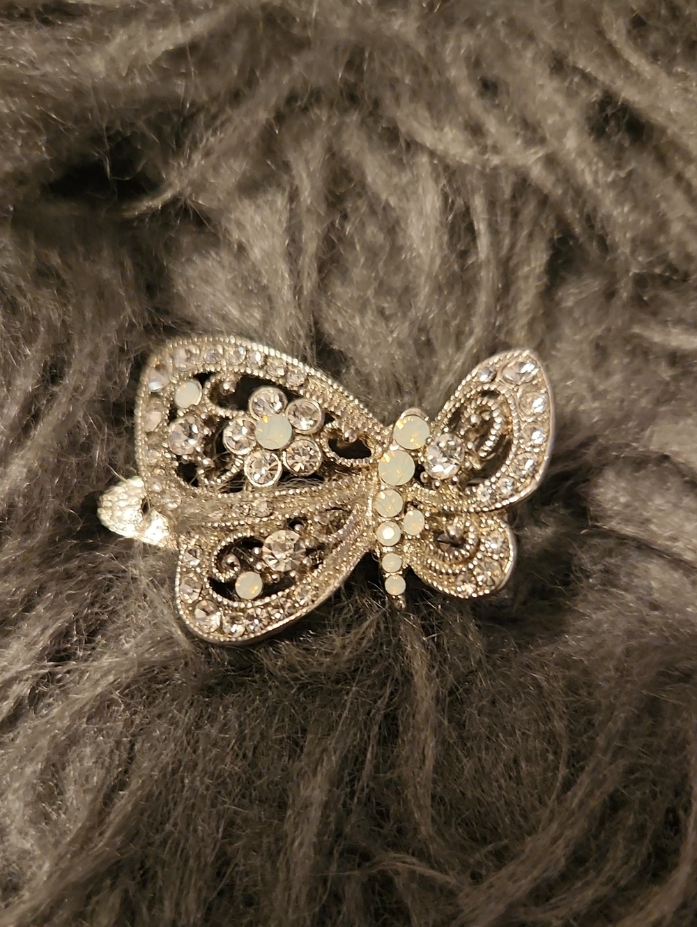 French Design Silver Butterfly Hair Clip with Clear and Opalescent Crystals
